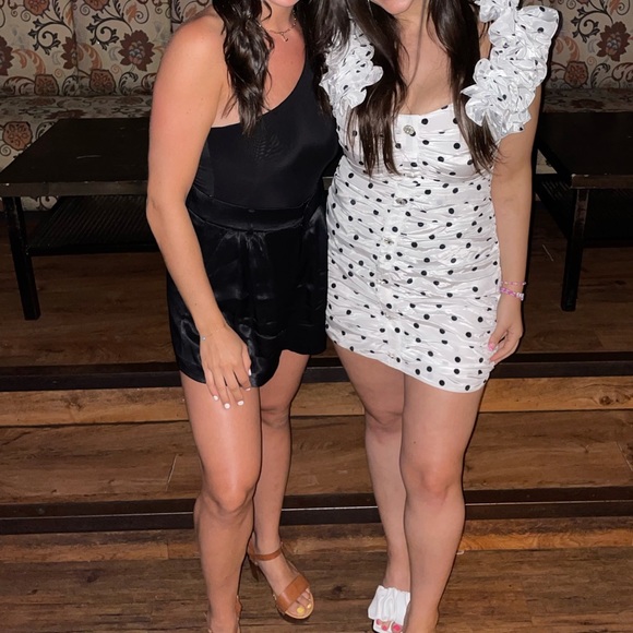 Polka-Dot Ruffled Ruched Silk-like Mini Dress - Picture 5 of 8